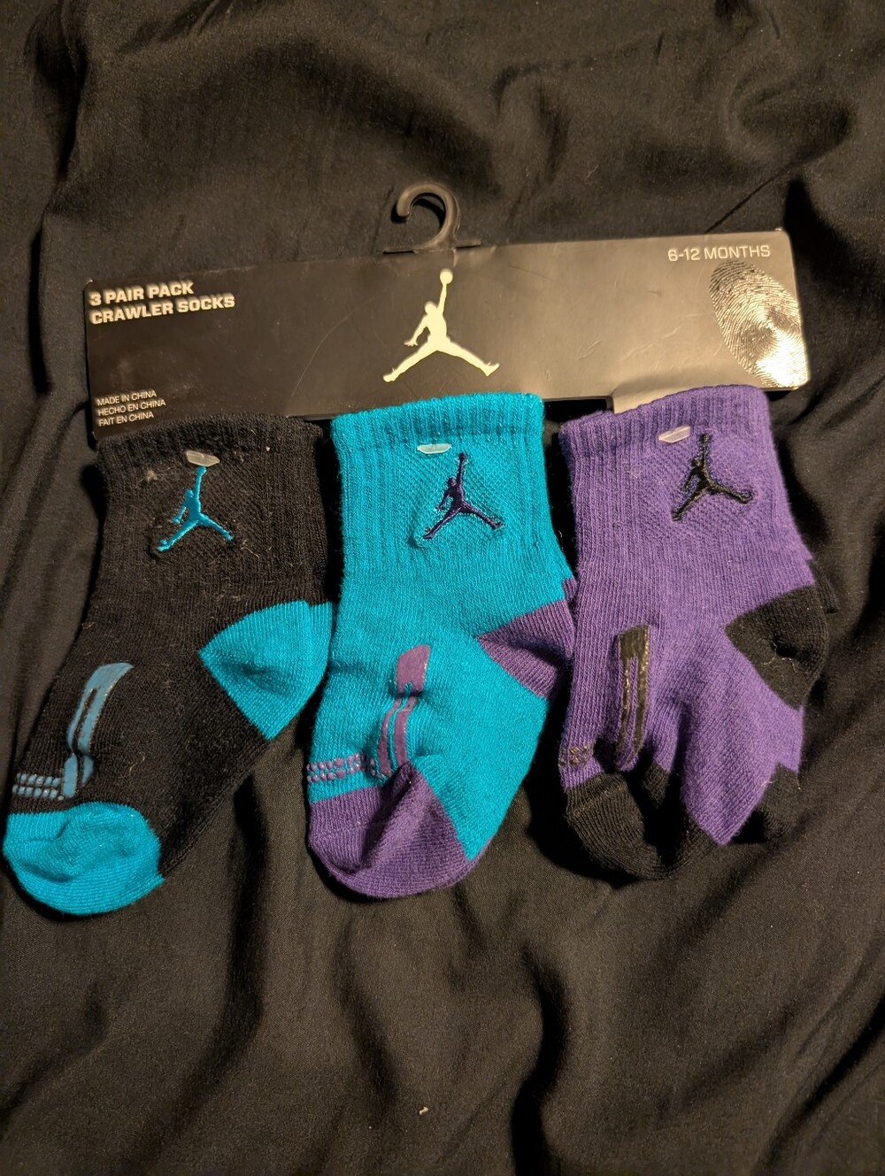NWT - Jordan 3-Pack Infant Crawler Socks - Black, Teal, Purple